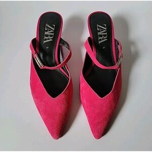 Zara Kitten Heel Point Toe Mules 7 Fuschia Pink Suede Chic Effortless‎ Feminine
